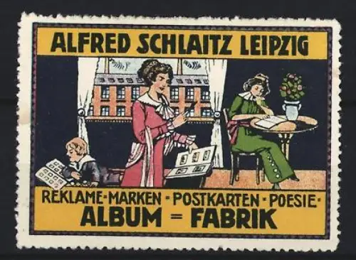 Reklamemarke Leipzig, Alfred Schlaitz, Album-Fabrik für Reklamemarken und Postkarten, Frauen beim Betrachten von Alben