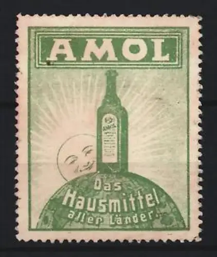 Reklamemarke Amol, Kräftigungspräparat, Flasche auf der Weltkugel