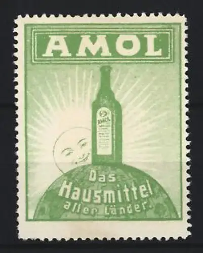 Reklamemarke Amol, Kräftigungspräparat, Flasche auf Erdkugel