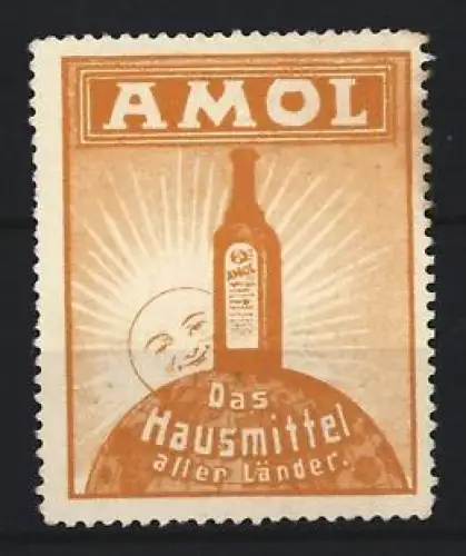Reklamemarke Amol, Kräftigungspräparat, Flasche auf einem Globus