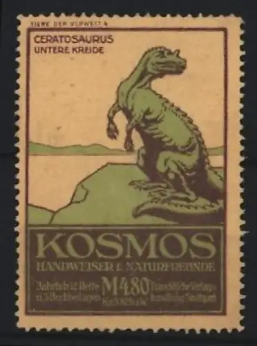 Reklamemarke Stuttgart, Kosmos, Handweiser f. Naturfreunde, Serie: Tiere der Vorwelt, Ceratosaurus auf Felsen