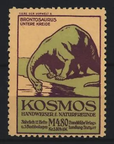 Reklamemarke Stuttgart, Kosmos, Handweiser f. Naturfreunde, Serie: Tiere der Vorwelt, Brontosaurus Untere Kreidezeit