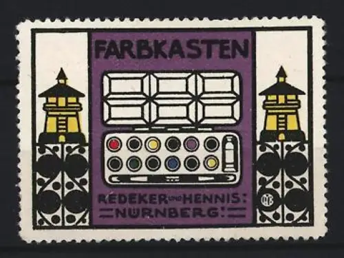 Reklamemarke Nürnberg, Redeker und Hennis, Farbkasten, Türme und Farbkasten-Design