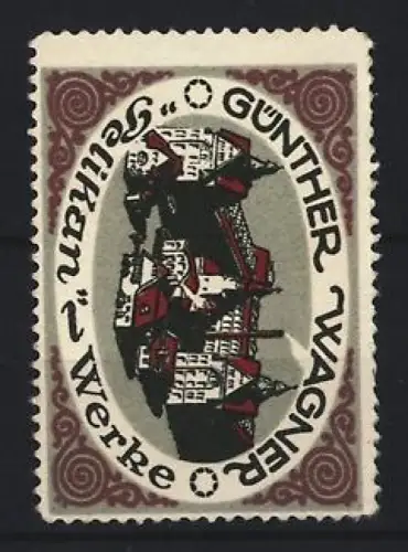 Reklamemarke Günther Wagner, Pelikan-Werke, Schreibgeräte und allgemeiner Bürobedarf, Gebäudeansicht