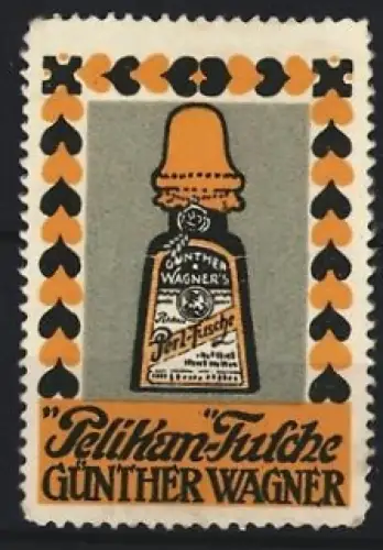 Reklamemarke Günther Wagner, Pelikan-Tusche, Flasche mit Tusche
