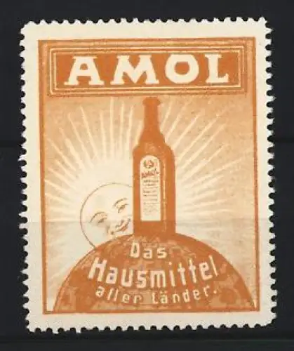 Reklamemarke Amol, Kräftigungspräparat, Flasche auf Globus mit Sonnenstrahlen