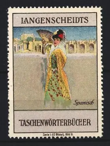 Reklamemarke Langenscheidt, Spanisch Wörterbuch, Frau mit Fächer