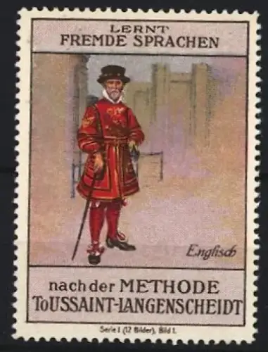 Reklamemarke Langenscheidt, Englisch Sprachlehrbuch nach der Methode Toussaint-Langenscheidt, Beefeater