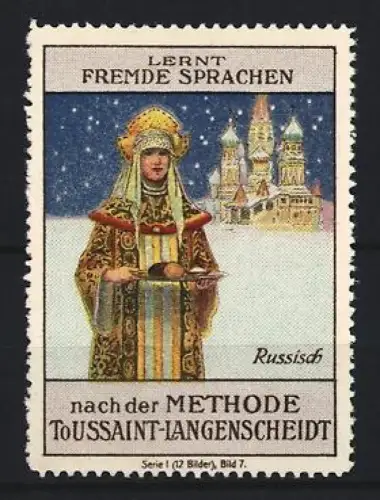 Reklamemarke Langenscheidt, Sprachlehrbuch nach der Toussaint-Langenscheidt-Methode, Frau in Tracht vor dem Kreml