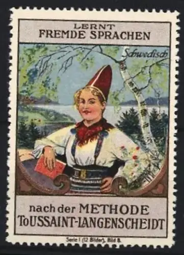 Reklamemarke Langenscheidt, Sprachlehrbuch Schwedisch nach der Toussaint-Langenscheidt-Methode, Frau in Tracht mit Buch