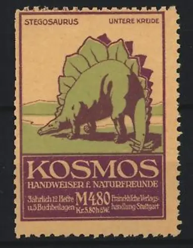 Reklamemarke Stuttgart, Kosmos, Handweiser f. Naturfreunde, Serie: Tiere der Vorwelt, Stegosaurus