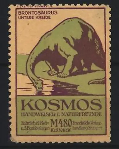 Reklamemarke Stuttgart, Kosmos, Handweiser f. Naturfreunde, Serie: Tiere der Vorwelt, Brontosaurus