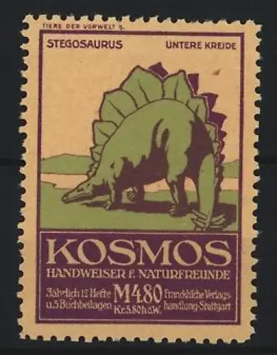 Reklamemarke Stuttgart, Kosmos, Handweiser f. Naturfreunde, Serie: Tiere der Vorwelt, Stegosaurus