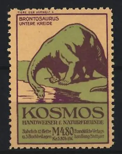 Reklamemarke Stuttgart, Kosmos, Handweiser f. Naturfreunde, Serie: Tiere der Vorwelt, Brontosaurus