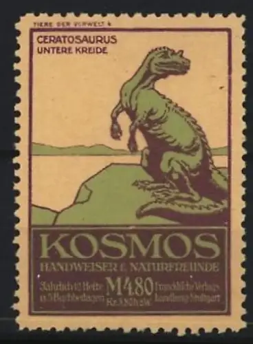 Reklamemarke Stuttgart, Kosmos, Handweiser f. Naturfreunde, Serie: Tiere der Vorwelt, Dinosaurier