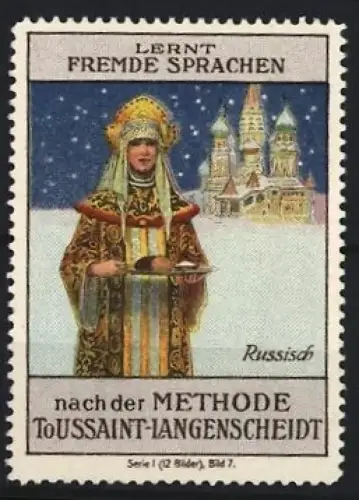 Reklamemarke Langenscheidt, Sprachlehrbuch Russisch nach der Toussaint-Langenscheidt-Methode, Frau in Tracht vor Kreml