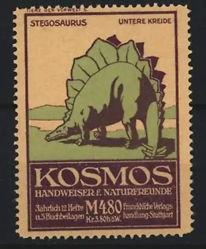 Reklamemarke Stuttgart, Kosmos, Handweiser f. Naturfreunde, Serie: Tiere der Vorwelt, Stegosaurus