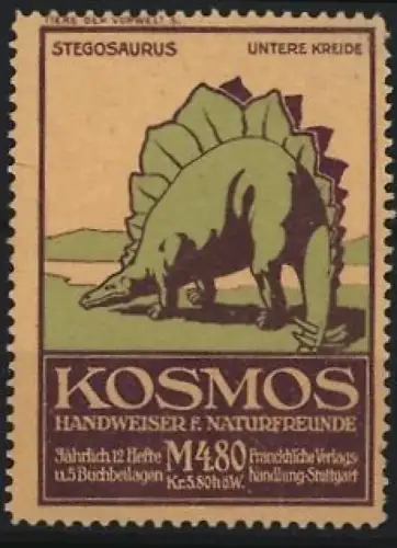 Reklamemarke Stuttgart, Kosmos, Handweiser f. Naturfreunde, Serie: Tiere der Vorwelt, Stegosaurus
