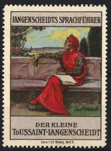 Reklamemarke Langenscheidt, Sprachführer Italienisch, Sitzende Person auf Bank