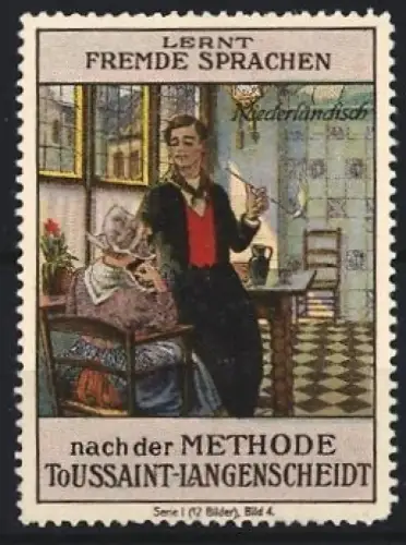 Reklamemarke Langenscheidt, Sprachlehrbuch Niederländisch nach der Toussaint-Langenscheidt-Methode, Pärchen mit Pfeife