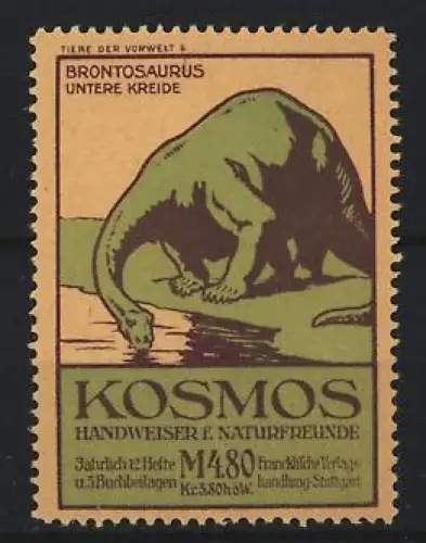 Reklamemarke Stuttgart, Kosmos, Handweiser f. Naturfreunde, Serie: Tiere der Vorwelt, Brontosaurus