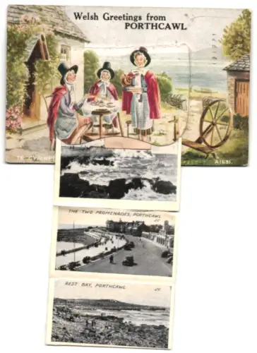 Leporello-AK Porthcawl, Sandy Bay, Promenade, Rough Sea