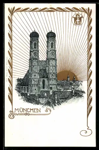 AK München, Frauenkirche bei Sonnenschein
