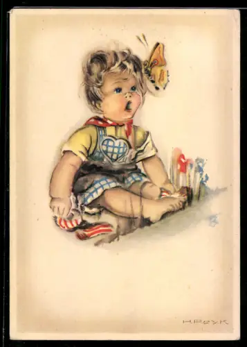 Künstler-AK Hilla Peyk: Mädchen freut sich über einen Schmetterling
