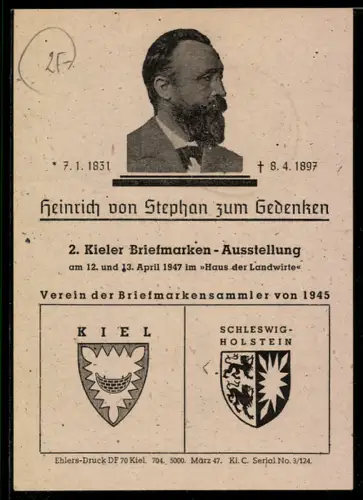 AK Portrait Heinrich von Stephan, zweite Kieler Briefmarken Ausstellung