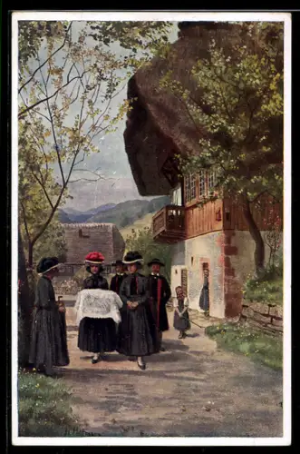 Künstler-AK H. Hoffmann: Kindtaufe, Menschen in Tracht laufen durch den Ort