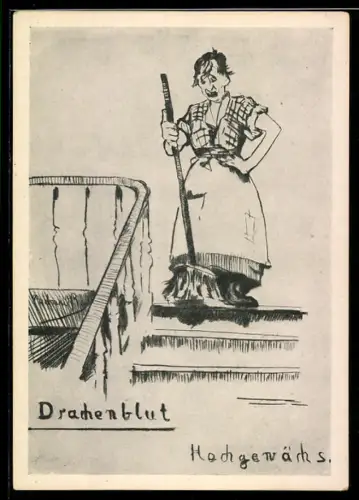 Künstler-AK Weinsorte Drachenblut, Frau mit Besen auf der Treppe