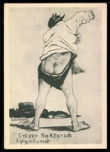 Künstler-AK Cröver Nacktarsch, luftig, voll und rund, Mann mit halb entblösstem Hintern