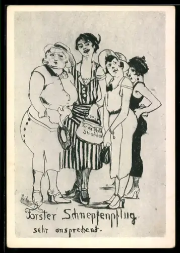 Künstler-AK Wein Forster Schnepfenpflug, sehr ansprechend, 4 Damen