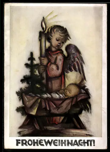 Künstler-AK Hummel: Engelchen mit Kerze an der Jesu-Krippe