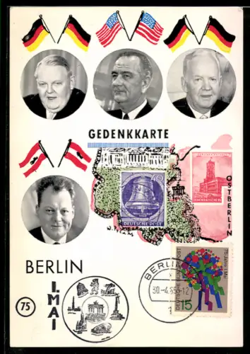AK Berlin, Gedenkkarte Ostberlin, Porträts d. US-Präsident Lyndon B. Johnson u. Ludwig Erhardt
