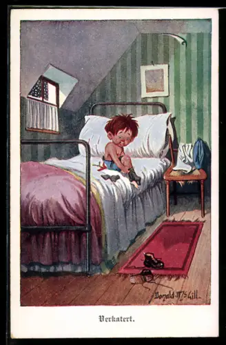 Künstler-AK Donald McGill: Verkatert, kleines Kind zieht sich nach dem Aufstehen auf dem Bett an