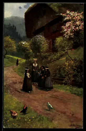 Künstler-AK H. Hoffmann: St. Georgen, Frauen in Tracht nach dem Kirchgang auf der Dorfstrasse