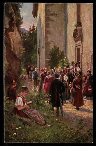 Künstler-AK W. Hasemann: Kirchgang bäuerlicher Bevölkerung mit Trachten