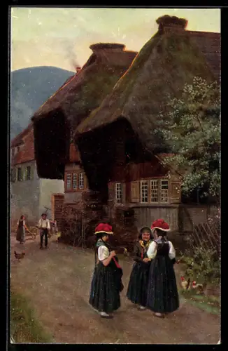 Künstler-AK H. Hoffmann: Dorfstrasse im Schwarzwald mit Frauen in Tracht
