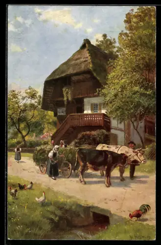 Künstler-AK H. Hoffmann: Grünfutter-Einfuhr der Bauern mit Ochsenkarren
