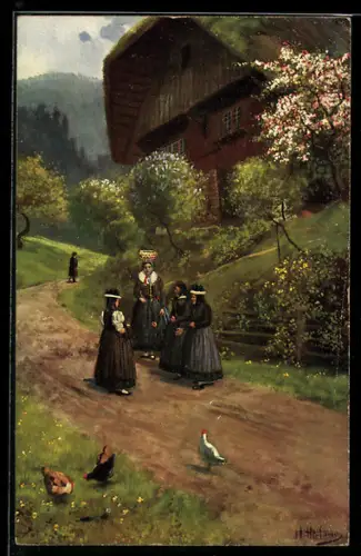 Künstler-AK H. Hoffmann: St. Georgen, Frauen in Tracht nach dem Kirchgang auf der Dorfstrasse