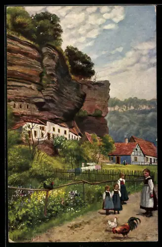 Künstler-AK Heinrich Hoffmann: Kinder spielen mit Hähnen, Felsenwohnungen