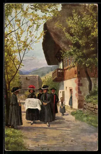 Künstler-AK H. Hoffmann: Kindtaufe, Menschen in Tracht laufen durch den Ort