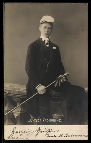 AK Unser Kronprinz, Portrait als Student mit Spazierstock