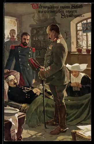 AK Serie Das Vaterunser, Bild Nr. 4, Der Tod söhnt Feinde aus, Soldaten und Krankenschwester