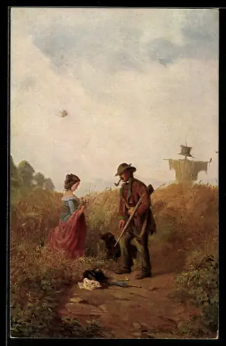 Künstler-AK Carl Spitzweg: Flurschütz, Begegnung am Weizenfeld