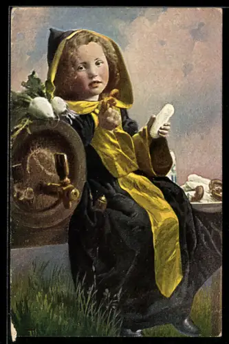 AK Münchner Kindl mit Brezel und Weisswurst