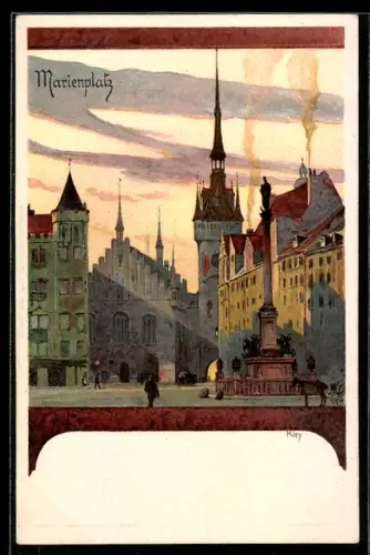 Künstler-AK Heinrich Kley: München, Marienplatz mit Leuten