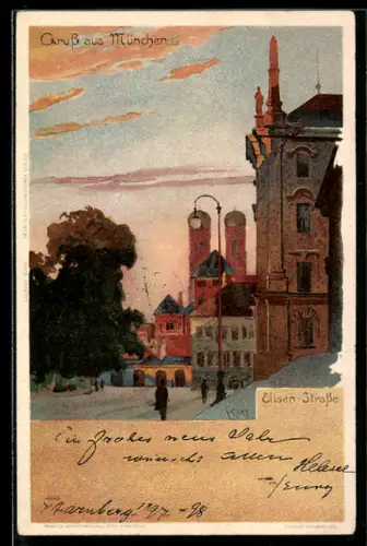 Künstler-AK Heinrich Kley: München, Abendstimmung in der Elisen-Strasse