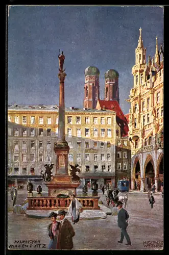Künstler-AK Richard Wagner: München, Marienplatz in der Abenddämmerung